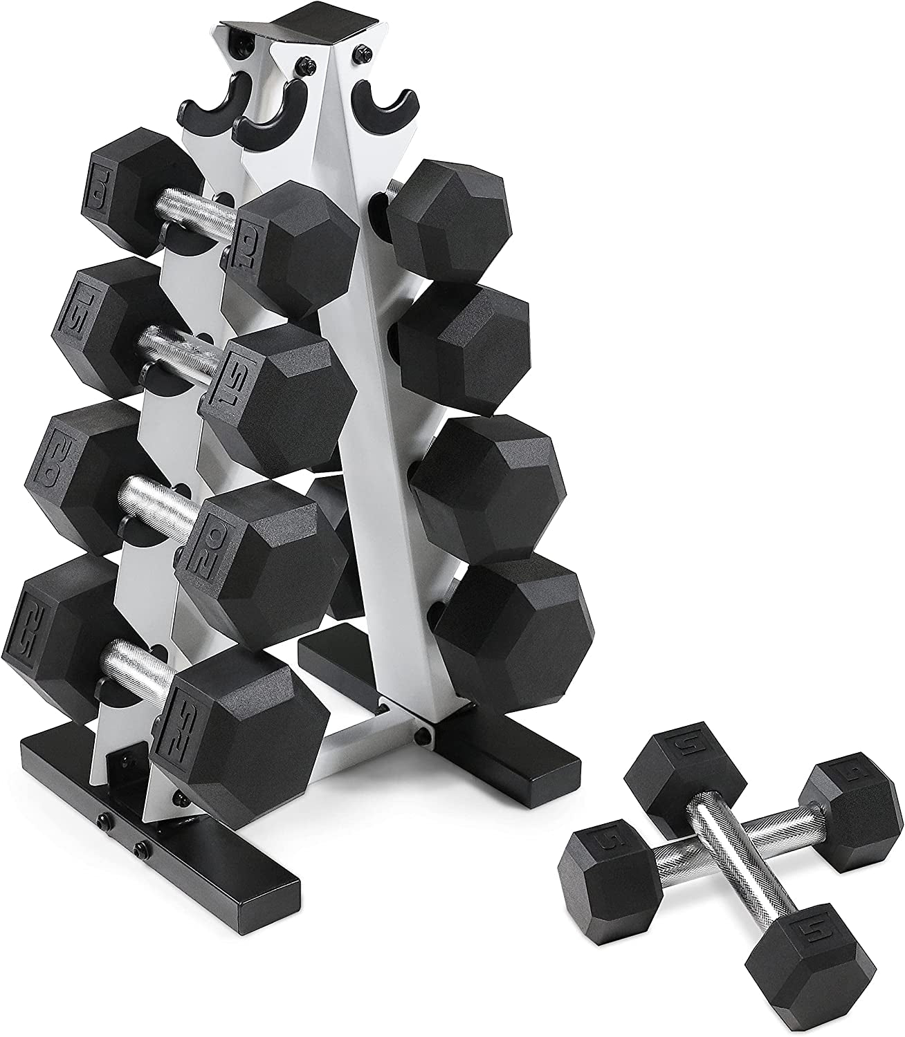 5-25Lb Rubber Coated Hex Dumbbell Set with a Frame Storage Rack 