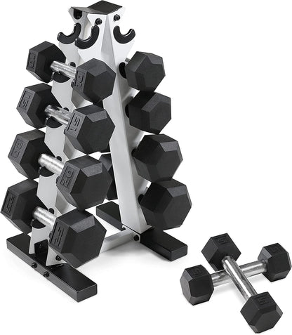 5-25Lb Rubber Coated Hex Dumbbell Set with a Frame Storage Rack 