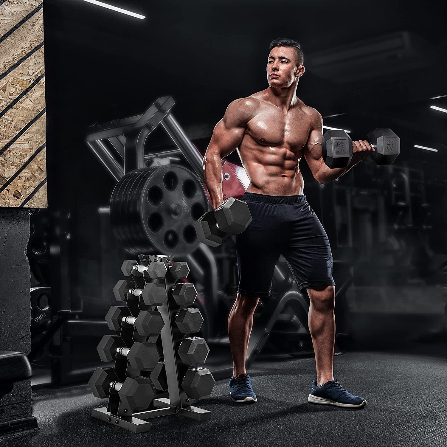 5-25Lb Rubber Coated Hex Dumbbell Set with a Frame Storage Rack 