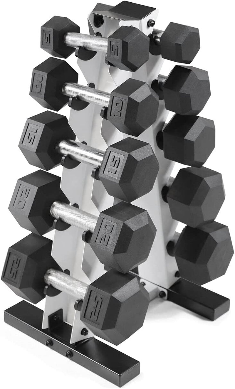 5-25Lb Rubber Coated Hex Dumbbell Set with a Frame Storage Rack 