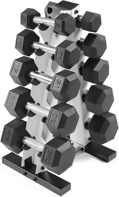 5-25Lb Rubber Coated Hex Dumbbell Set with a Frame Storage Rack 