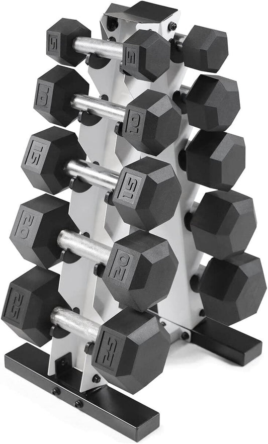 5-25Lb Rubber Coated Hex Dumbbell Set with a Frame Storage Rack 