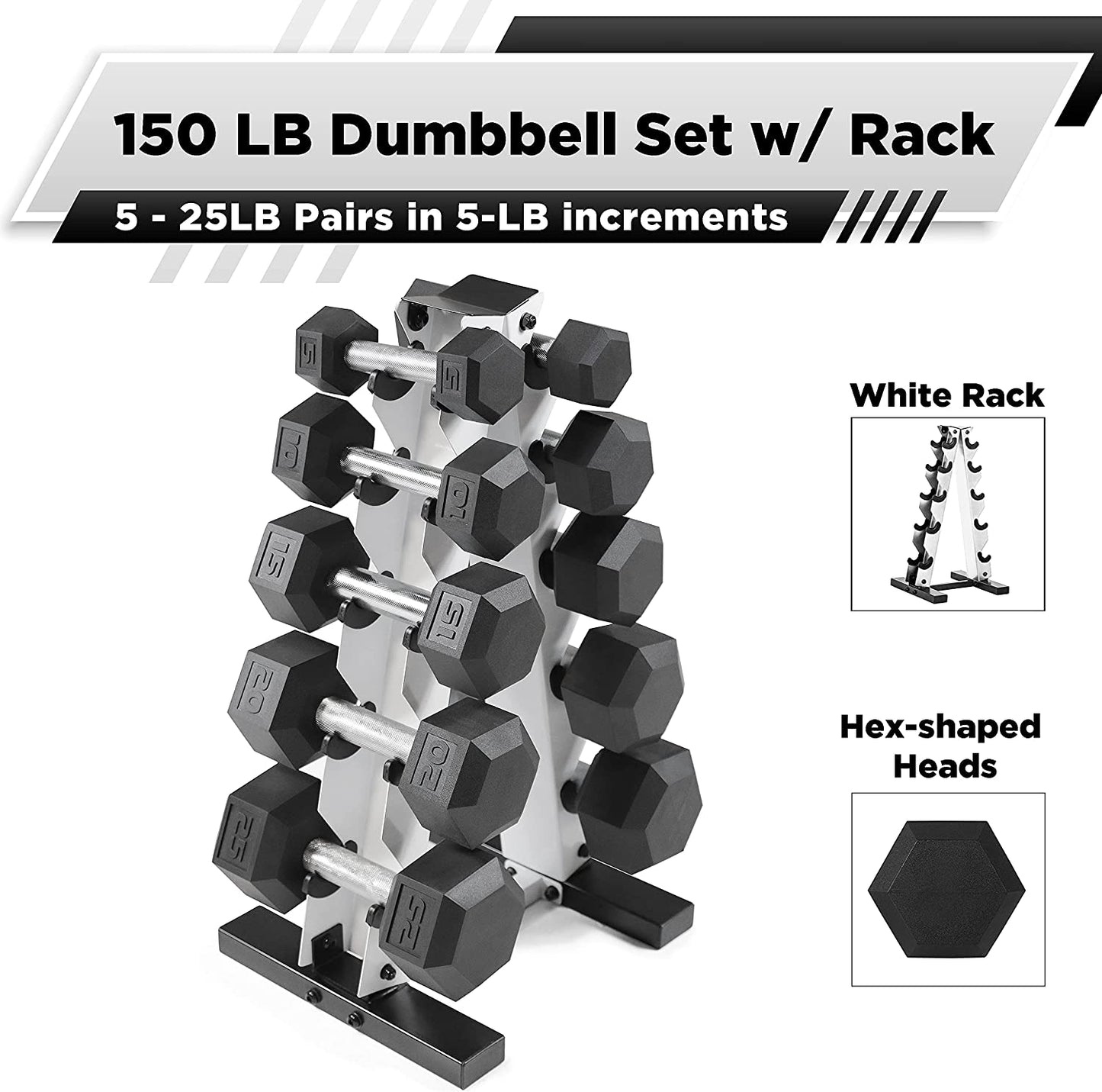 5-25Lb Rubber Coated Hex Dumbbell Set with a Frame Storage Rack 