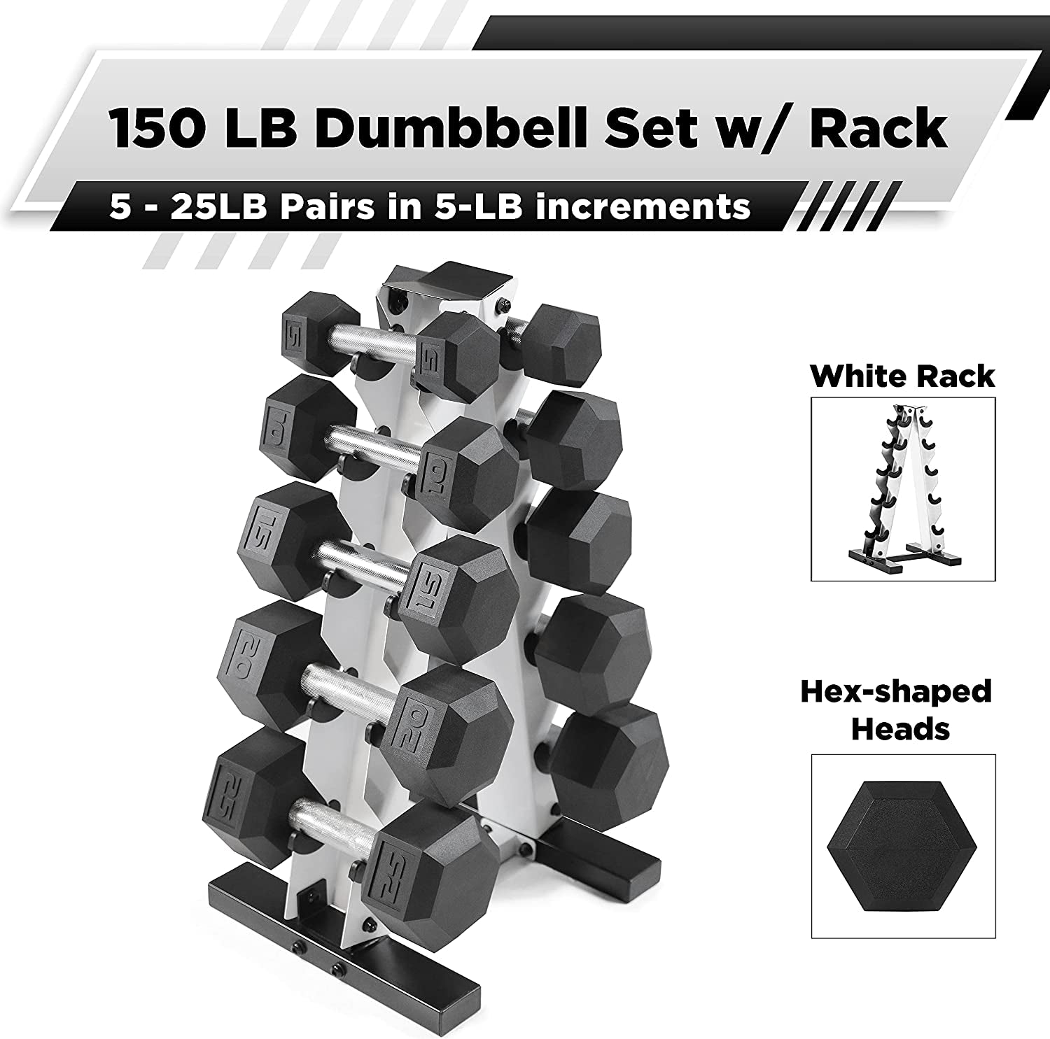 5-25Lb Rubber Coated Hex Dumbbell Set with a Frame Storage Rack 