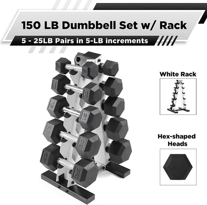 5-25Lb Rubber Coated Hex Dumbbell Set with a Frame Storage Rack 