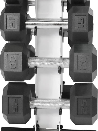 5-25Lb Rubber Coated Hex Dumbbell Set with a Frame Storage Rack 